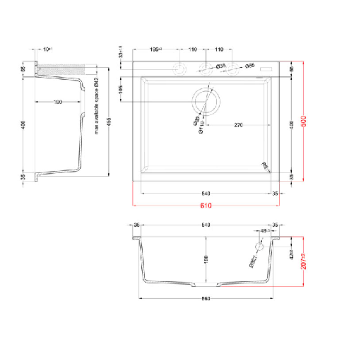 Elleci-Lavello-Incasso-1-vasca-61x50-Quadra-110-Granitek-Antracite-LGQ11059