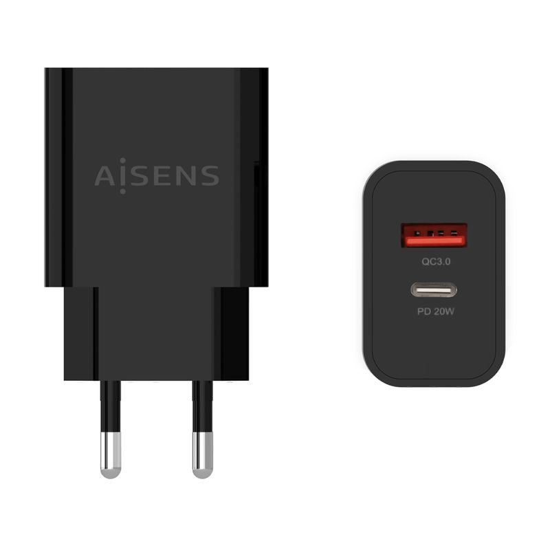 Aisens-Cargador-20W---1xUSB-C-PD3.0---1xUSB-A-QC3.0---Color-Negro