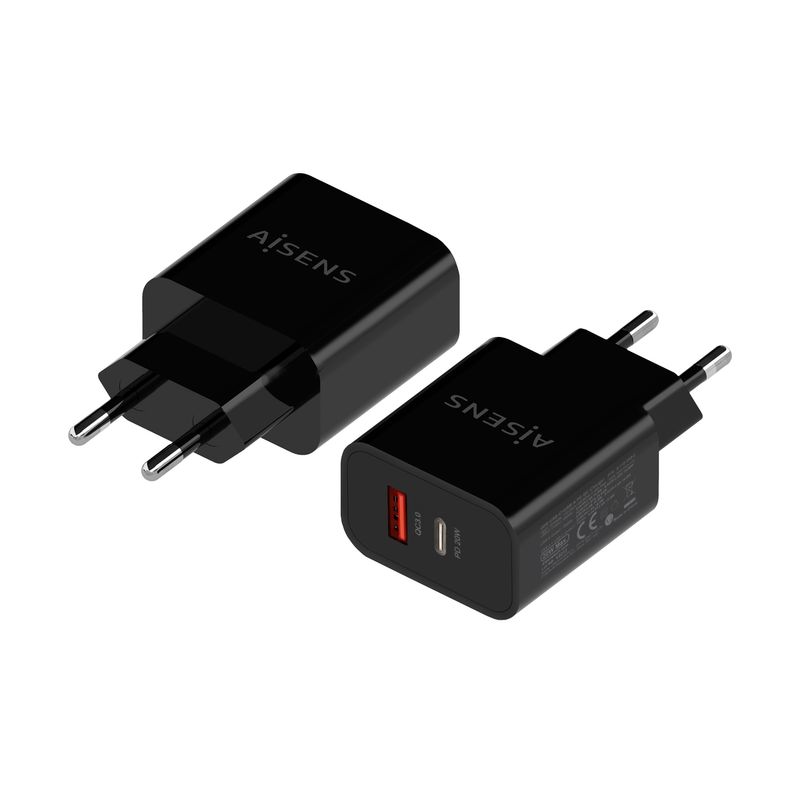 Aisens-Cargador-20W---1xUSB-C-PD3.0---1xUSB-A-QC3.0---Color-Negro