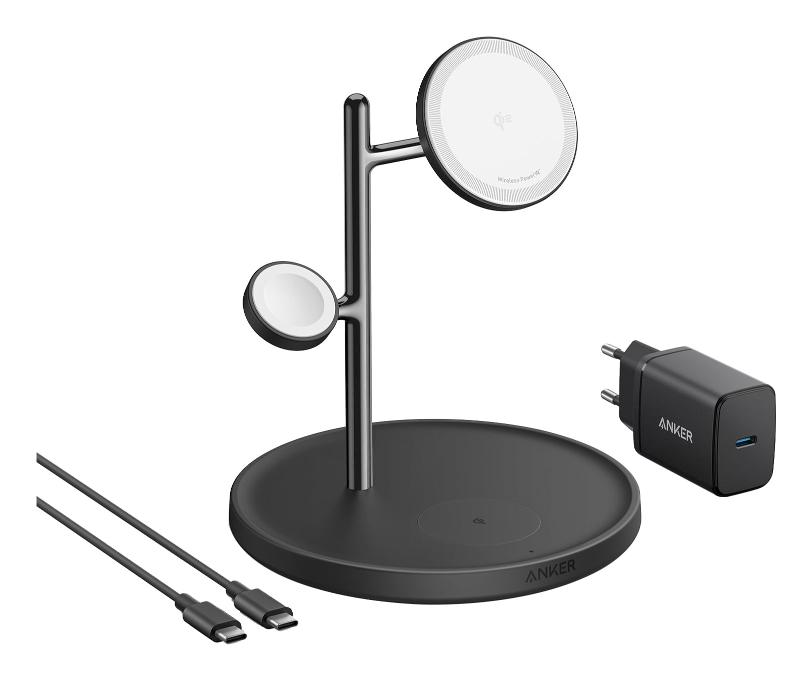 Anker MagGo - Induktive Ladematte - 3-in-1 + AC-Netzteil - 25 Watt - 3 Ausgabeanschlussstellen (kabelloses Laden) - Schw