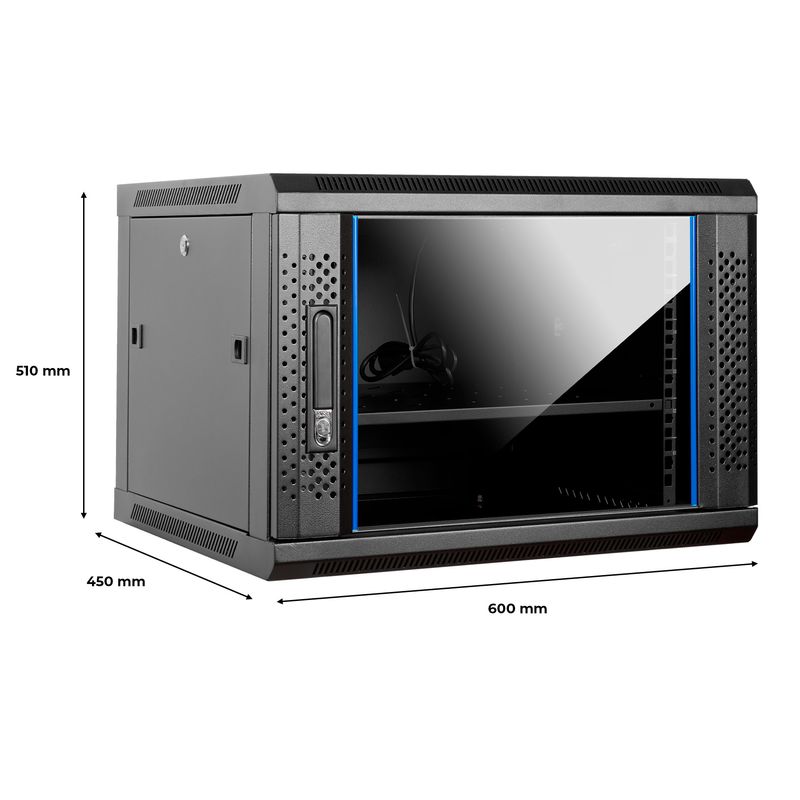 Aiten-Data-AI6409-Pensile-9U-profondita-450---Porta-in-vetro---Blocco-di-sicurezza---Include-vassoio-fisso-e-ventola-da-120-mm---Colore-nero