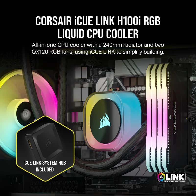 Corsair-H100I-Processore-Kit-di-raffreddamento-a-liquido-12-cm-Nero--Corsair-iCUE-LINK-H100i-240mm-RGB-Liquid-CPU-Cooler