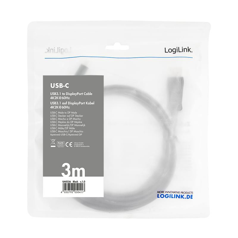 LogiLink-USB-C---DisplayPort-Anschlusskabel-3.0-m-schwarz-USB-C-3.1-Stecker---DisplayPort-1.2-Stecker-AuflA¶sung----1-
