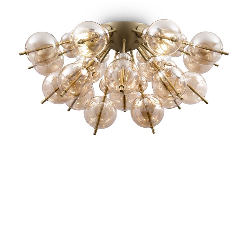 Plafoniera-Contemporanea-Bolla-Metallo-Ottone-4-Luci-Diffusori-Vetro-Ambra