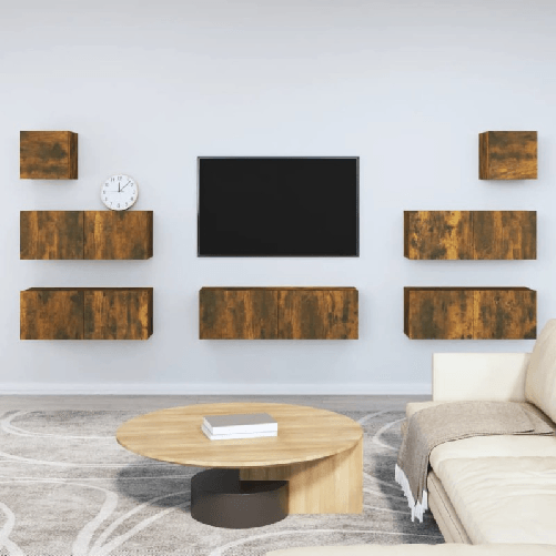 Set-di-Mobili-Porta-TV-7-pz-Rovere-Fumo-in-Legno-Multistrato