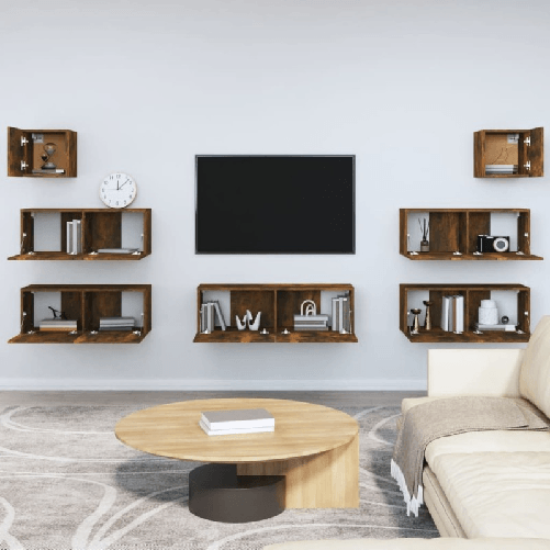 Set-di-Mobili-Porta-TV-7-pz-Rovere-Fumo-in-Legno-Multistrato