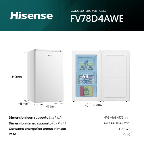Hisense-FV78D4AWE-Congelatore-Verticale-Statico-Classe-E-Capacita--Lorda-65-Litri-Colore-Bianco