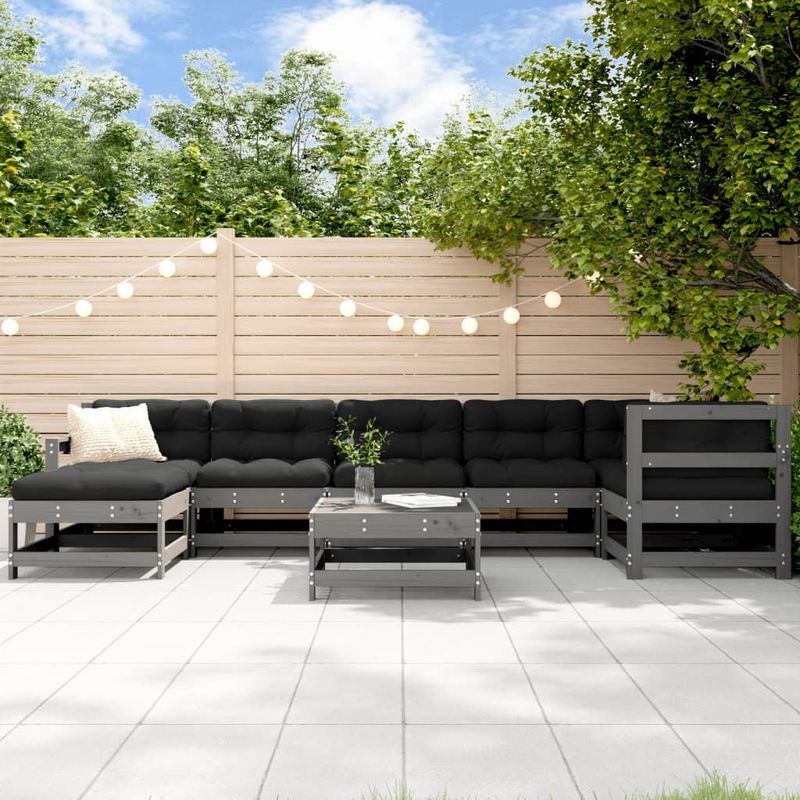 vidaXL-Set-Divani-da-Giardino-8pz-con-Cuscini-in-Legno-Massello-Grigio