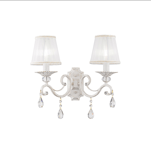 Applique-Shabby-Chic-Grace-Metallo-Bianco-2-Luci-Diffusori-Tessuto-Su-Pvc-Bianco