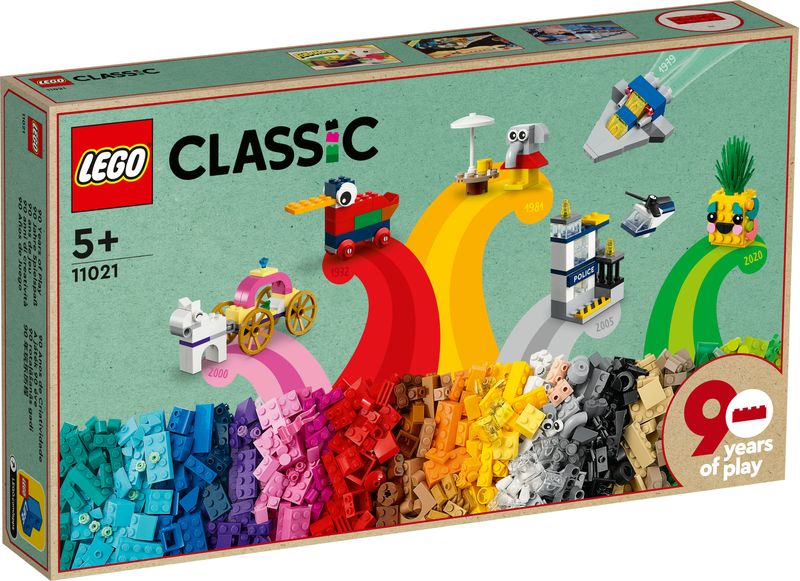 LEGO-Classic-11021-90-Anni-di-Gioco-Scatola-con-Mattoncini-Colorati-per-15-Mini-Costruzioni-di-Modelli-Iconici-Giochi-per-Bambini-dai-5-Anni