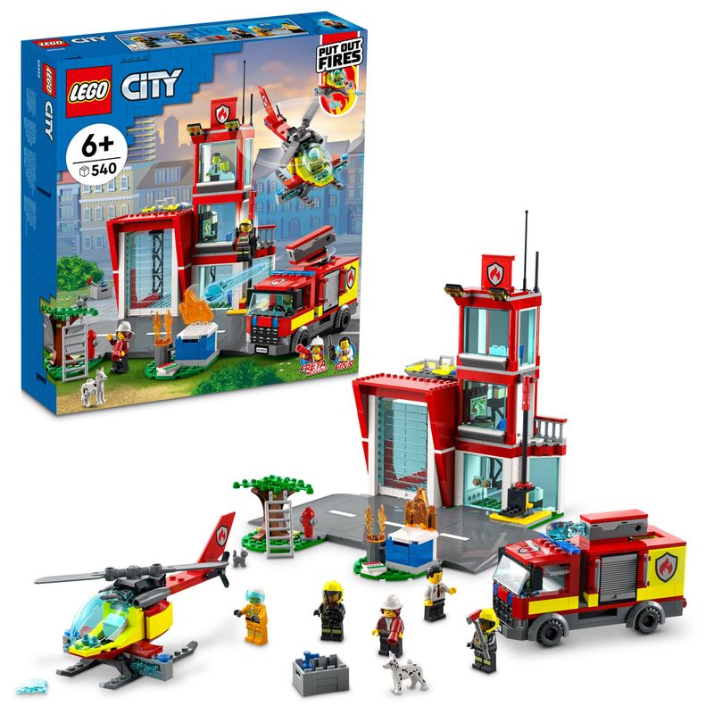 LEGO-City-Fire-Caserma-dei-Pompieri-con-Camion-ed-Elicottero-Giocattolo-e-Garage