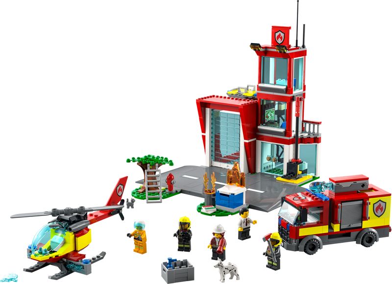 LEGO-City-Fire-Caserma-dei-Pompieri-con-Camion-ed-Elicottero-Giocattolo-e-Garage