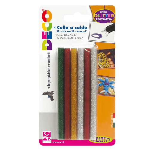 DECO 12 stick colle glitter assortite per pistola mini TG02M D.7mm - lungh.10cm DECO