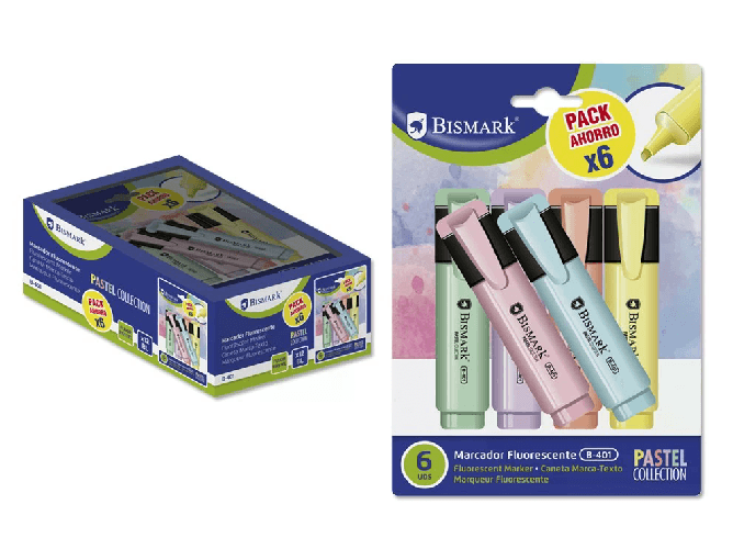 Bismark-327742-evidenziatore-6-pz-Punta-smussata-Blu-Verde-Pesca-Rosa-Viola-Giallo