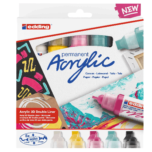 Edding Acryl 3D Double Liner marcatore permanente Nero, Magenta, Menta, Bianco, Giallo 5 pz