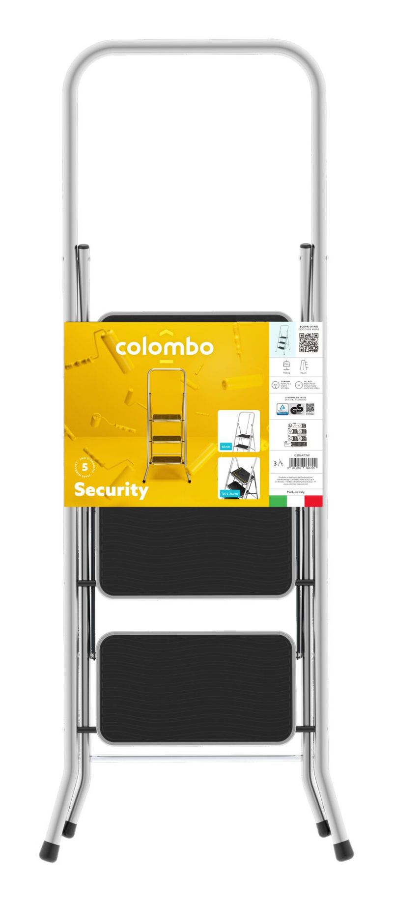 Colombo-Sgabello-Scala-SECURITY-3-gradini-in-alluminio-con-manico-e-blocco-di-sicurezza-gradini-con-tappetino-in-gomma-antiscivolo-portata-max-150kg-EN-14183-MADE-IN-ITALY