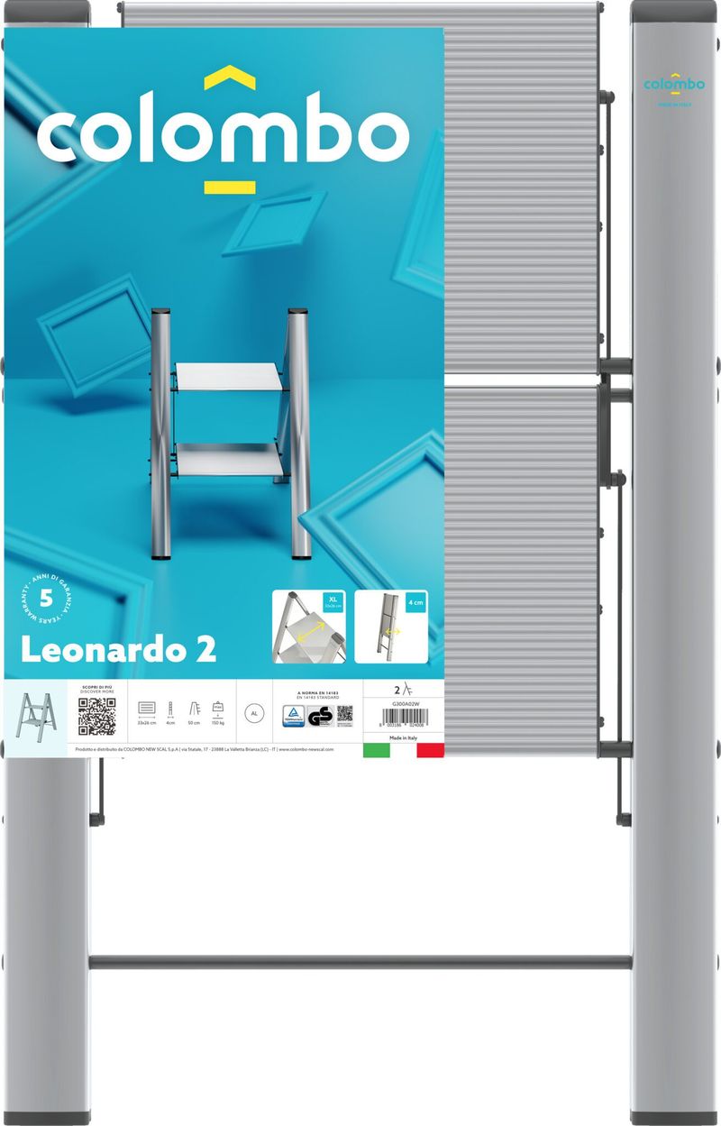Colombo-Sgabello-Scala-LEONARDO-2-gradini-in-alluminio-anodizzatoultrasottileultrapiattoSilver-portata-max-150kg-EN14183-MADE-IN-ITALY