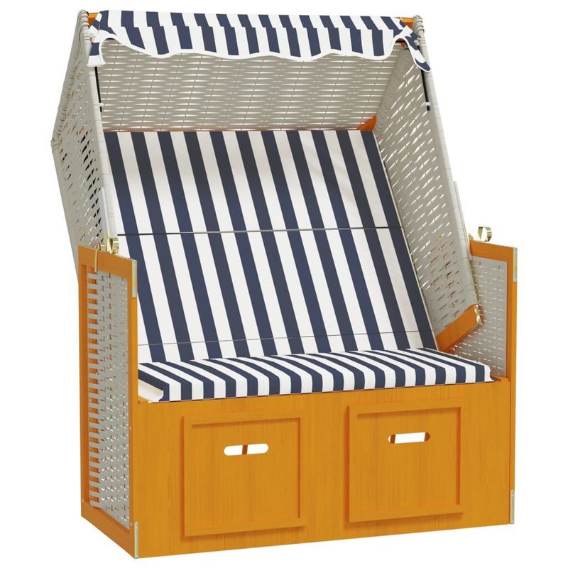 Strandkorb-con-Tettoia-Polyrattan-e-Legno-Massello-Bianco-e-Blu