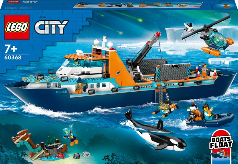 LEGO-City-60368-Esploratore-Artico-Grande-Nave-Giocattolo-Galleggiante-con-Elicottero-Gommone-Sottomarino-e-Relitto-Barca