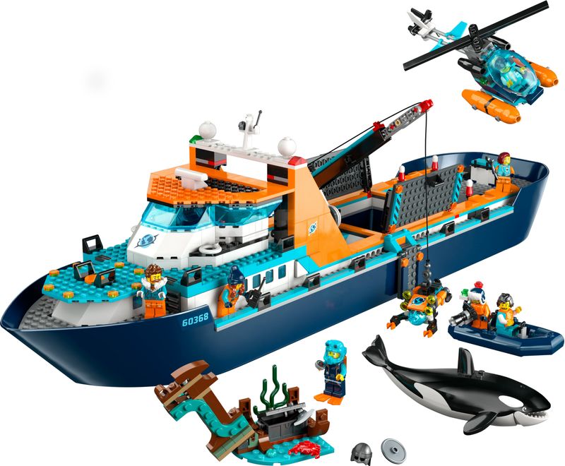 LEGO-City-60368-Esploratore-Artico-Grande-Nave-Giocattolo-Galleggiante-con-Elicottero-Gommone-Sottomarino-e-Relitto-Barca