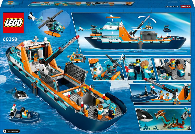 LEGO-City-60368-Esploratore-Artico-Grande-Nave-Giocattolo-Galleggiante-con-Elicottero-Gommone-Sottomarino-e-Relitto-Barca