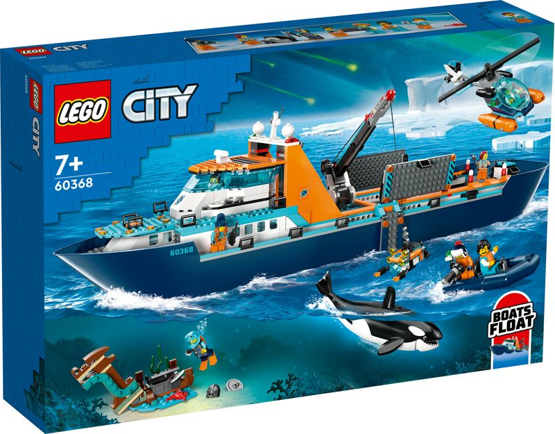 LEGO-City-60368-Esploratore-Artico-Grande-Nave-Giocattolo-Galleggiante-con-Elicottero-Gommone-Sottomarino-e-Relitto-Barca