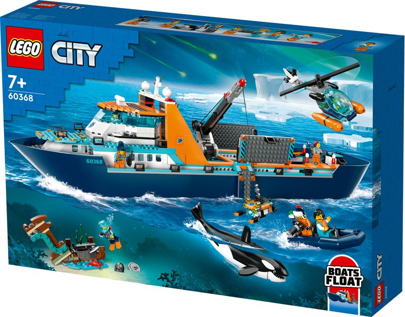 LEGO-City-60368-Esploratore-Artico-Grande-Nave-Giocattolo-Galleggiante-con-Elicottero-Gommone-Sottomarino-e-Relitto-Barca