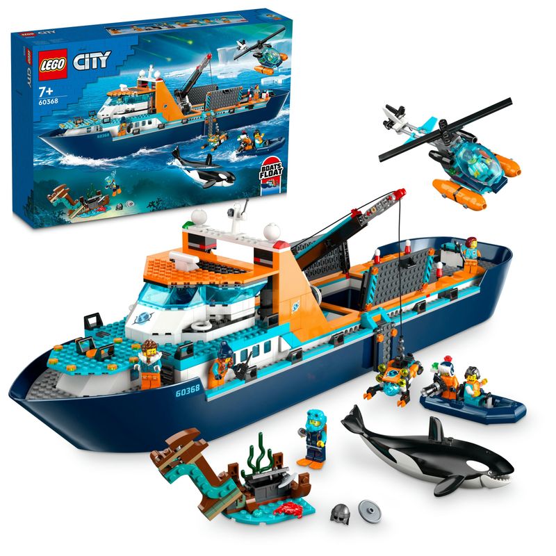 LEGO-City-60368-Esploratore-Artico-Grande-Nave-Giocattolo-Galleggiante-con-Elicottero-Gommone-Sottomarino-e-Relitto-Barca