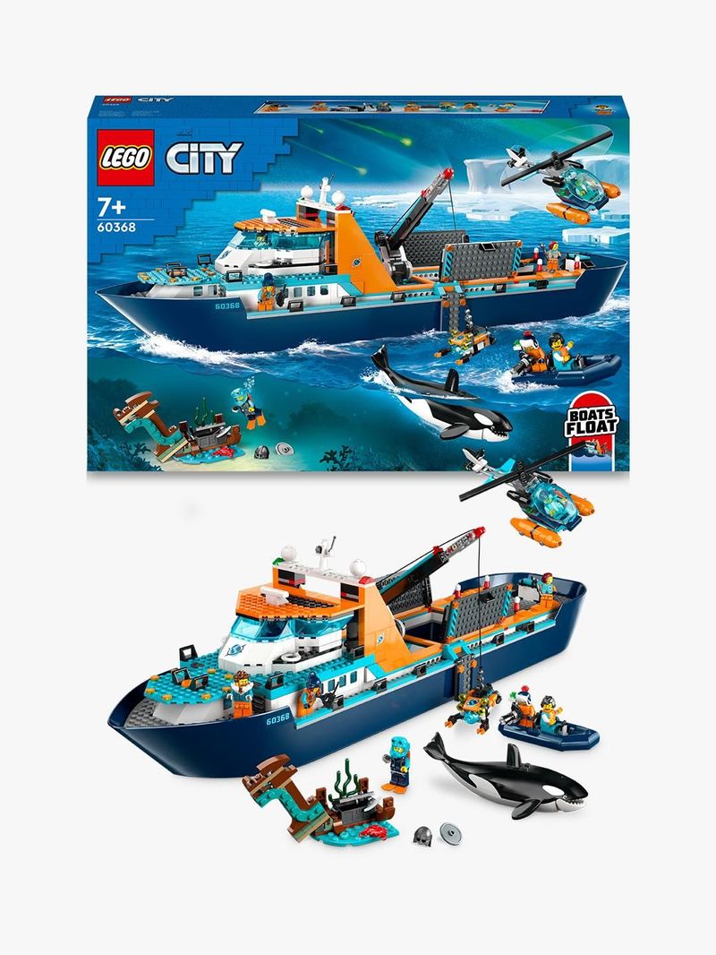 LEGO-City-60368-Esploratore-Artico-Grande-Nave-Giocattolo-Galleggiante-con-Elicottero-Gommone-Sottomarino-e-Relitto-Barca