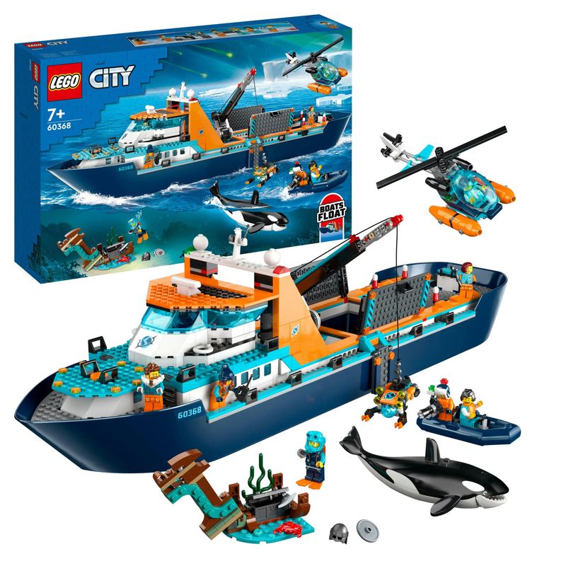 LEGO-City-60368-Esploratore-Artico-Grande-Nave-Giocattolo-Galleggiante-con-Elicottero-Gommone-Sottomarino-e-Relitto-Barca