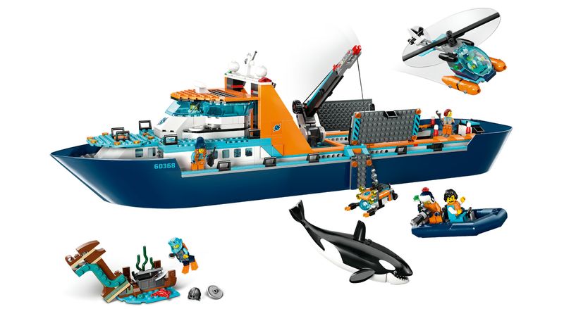 LEGO-City-60368-Esploratore-Artico-Grande-Nave-Giocattolo-Galleggiante-con-Elicottero-Gommone-Sottomarino-e-Relitto-Barca