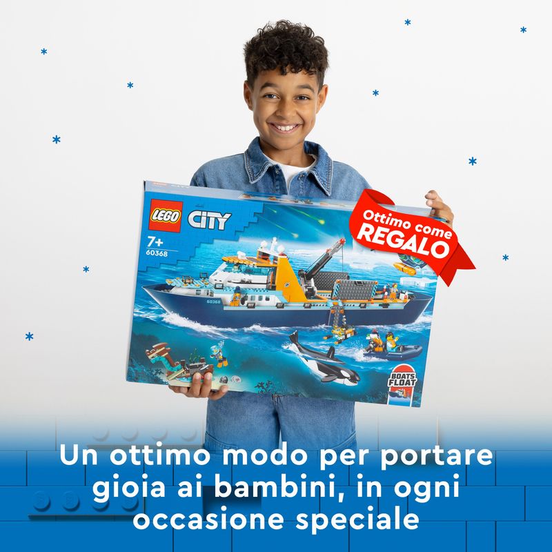 LEGO-City-60368-Esploratore-Artico-Grande-Nave-Giocattolo-Galleggiante-con-Elicottero-Gommone-Sottomarino-e-Relitto-Barca