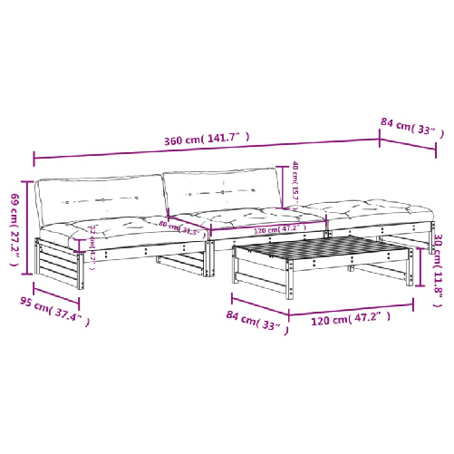 vidaXL-Set-Divani-da-Giardino-4pz-con-Cuscini-in-Legno-Massello-Bianco