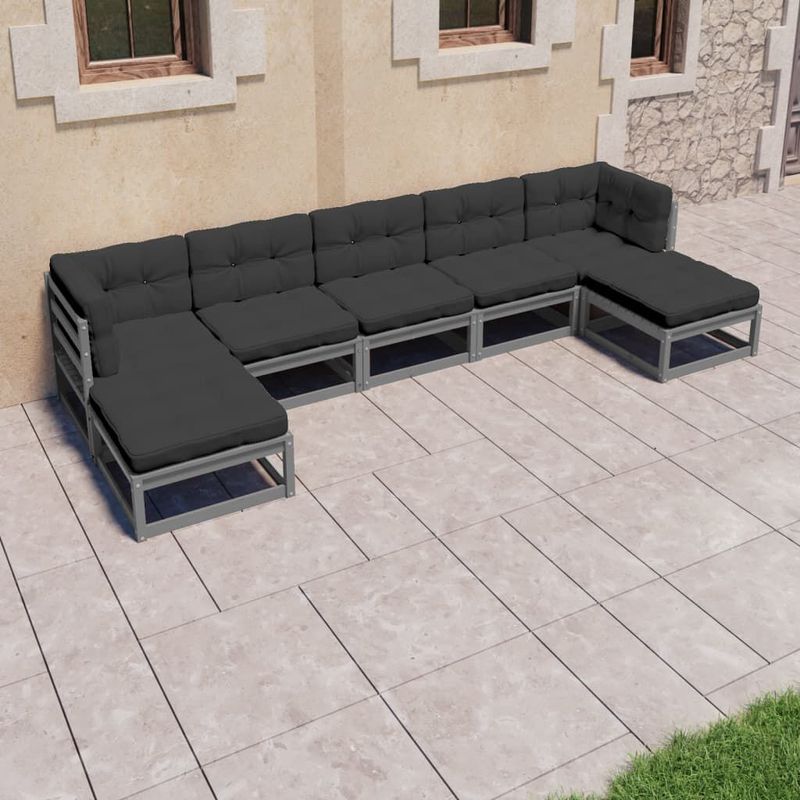 vidaXL-Set-Divani-da-Giardino-7pz-con-Cuscini-Grigio-Massello-di-Pino