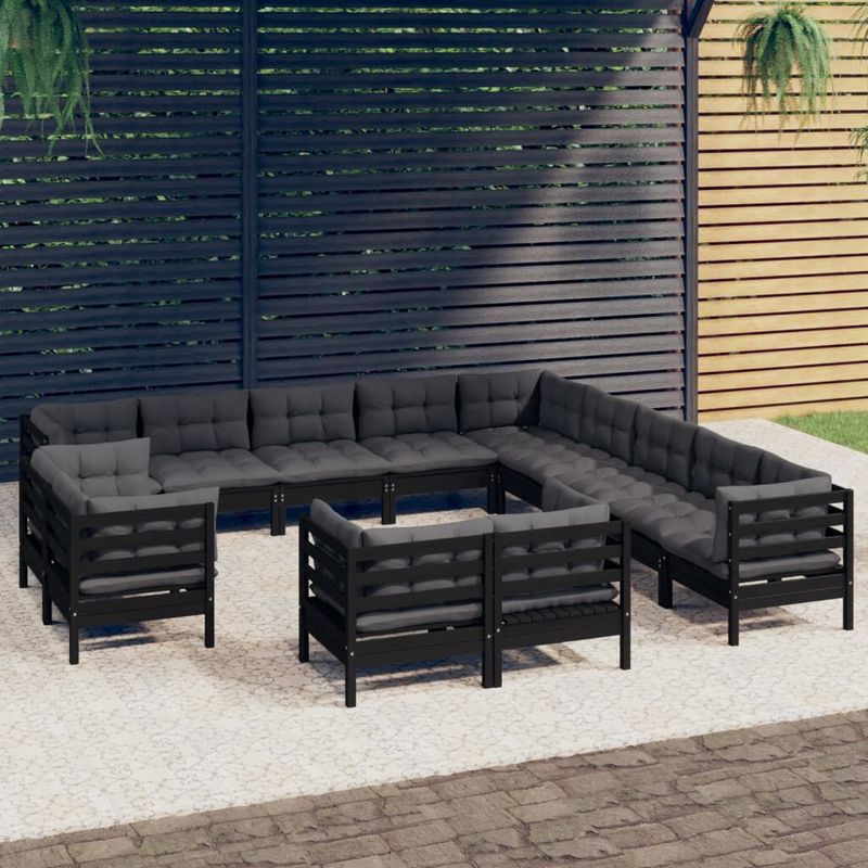 vidaXL-Set-Divani-da-Giardino-13-pz-con-Cuscini-Neri-Massello-di-Pino