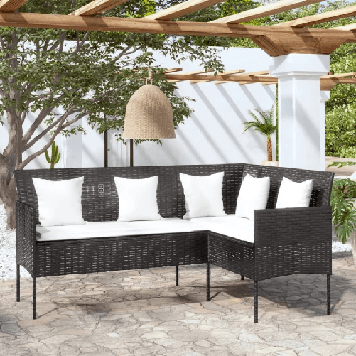 Divano-a-Forma-di-L-con-Cuscini-in-Polyrattan-Nero