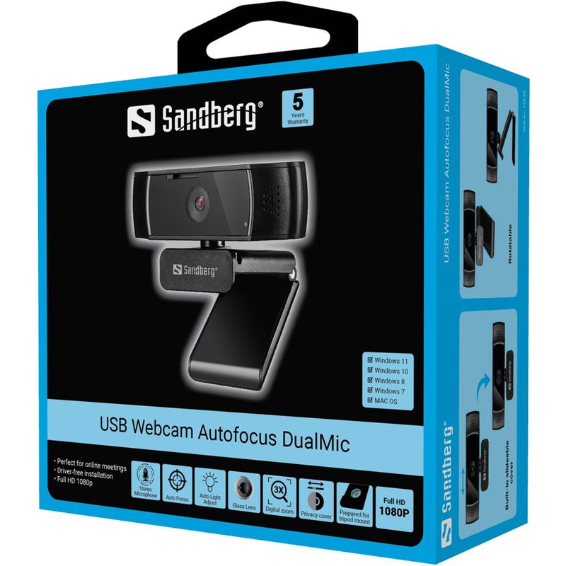 Sandberg-USB-Autofocus-DualMic-webcam-207-MP-1920-x-1080-Pixel-USB-2.0-Nero