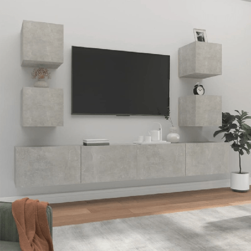 Set-di-Mobili-Porta-TV-6-pz-Grigio-Cemento-in-Legno-Multistrato