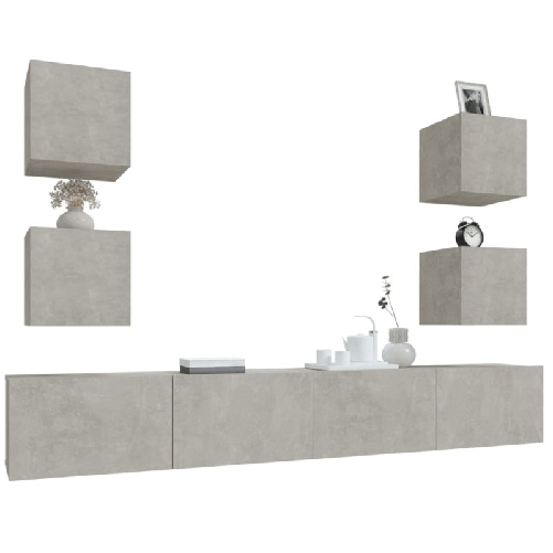 Set-di-Mobili-Porta-TV-6-pz-Grigio-Cemento-in-Legno-Multistrato