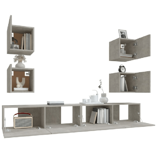 Set-di-Mobili-Porta-TV-6-pz-Grigio-Cemento-in-Legno-Multistrato