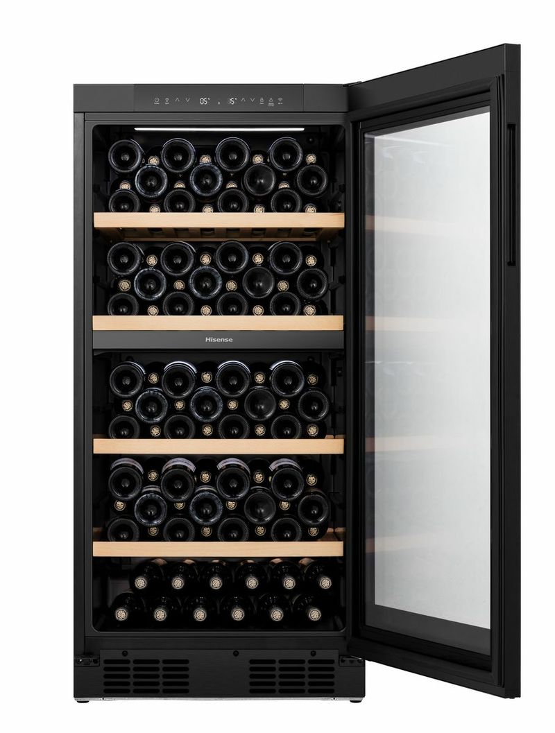 Hisense-RW3N230GELF-Cantinetta-Vino-108-Bottiglie-Classe-F-Temperatura-5-20-°C-Ripiani-in-Legno-colore-Nero