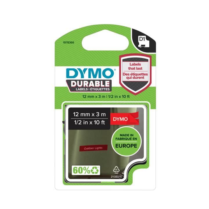 Dymoa®-D1-D1-BAND-DURICE-PER-Etichetta-¢-12mm-x-3M-Adesivo-permanente---bianco-su-rosso