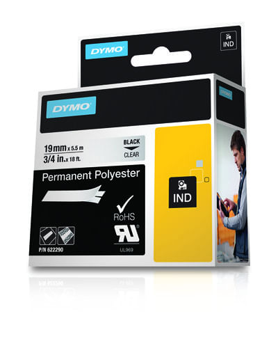 DYMO-Poliestere-Permanente-IND--Dymo-622290-19mm-Black-on-Clear-Tape-