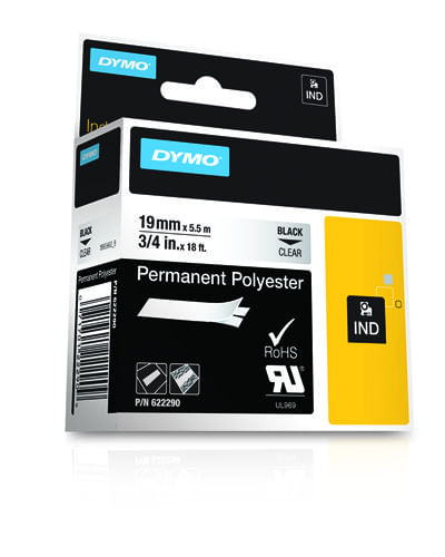 DYMO-Poliestere-Permanente-IND--Dymo-622290-19mm-Black-on-Clear-Tape-