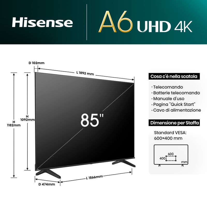 Hisense-TV-85-pollici-4K-Ultra-HD-85A6N-Smart-TV-VIDAA-U7-Dolby-Vision-HDR-10-DTS-Virtual-X-DVB-T2-S2-HEVC-10-lativu--4K