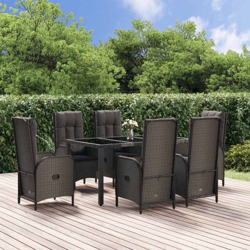 Set-da-Pranzo-Giardino-7pz-Nero-e-Grigio-con-Cuscini-Polyrattan