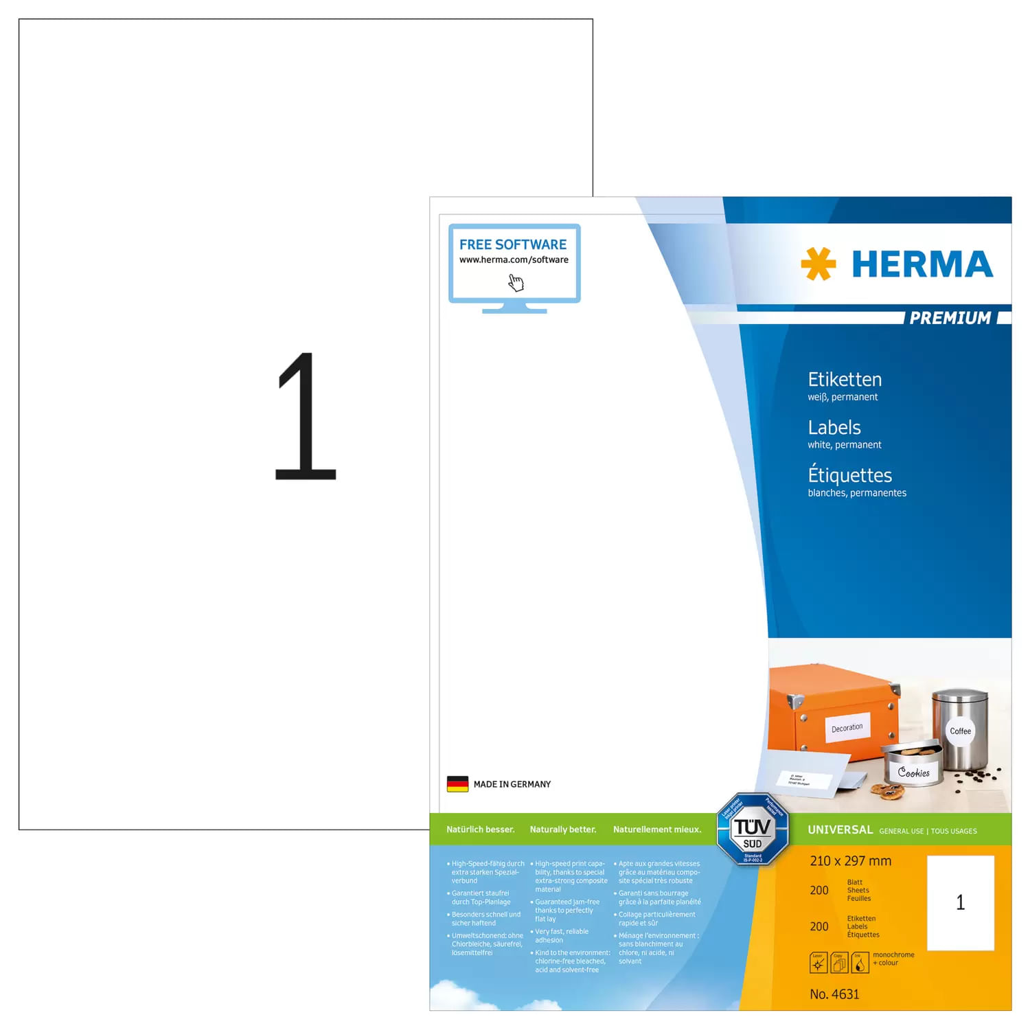 HERMA 4631 etichetta autoadesiva Rettangolo Permanente Bianco 200 pz