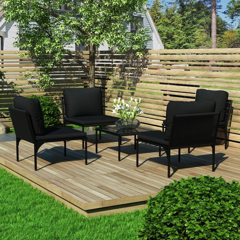 Set-Divani-da-Giardino-5-pz-con-Cuscini-Neri-in-PVC