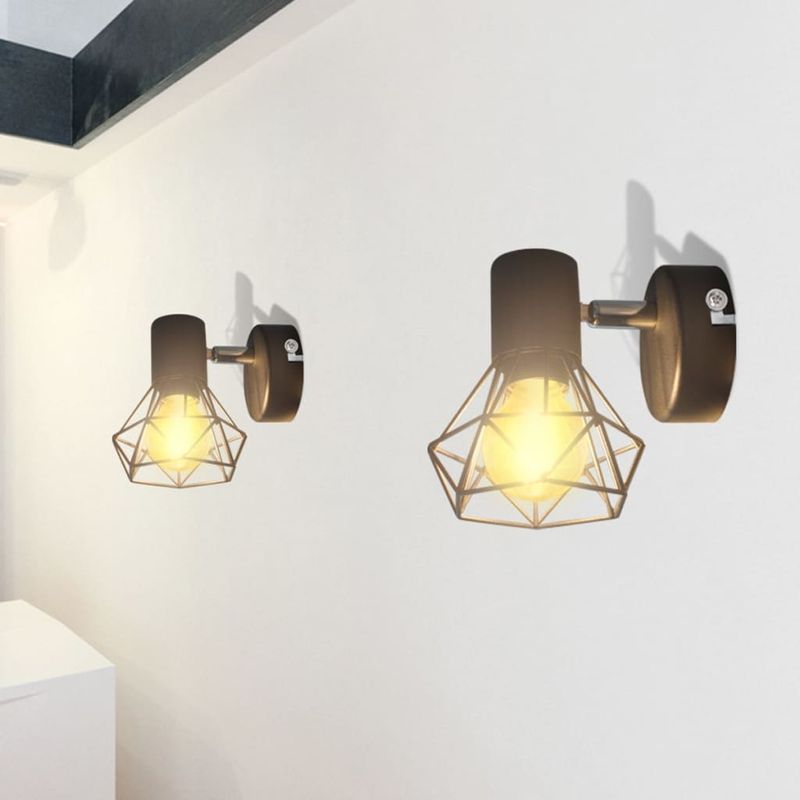 Set-2-Applique-con-Rete-in-Stile-Industriale-Nero-Lampadina-LED