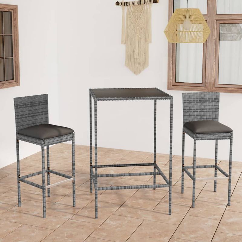 vidaXL-Set-Bar-da-Giardino-3-pz-con-Cuscini-in-Polyrattan-Grigio